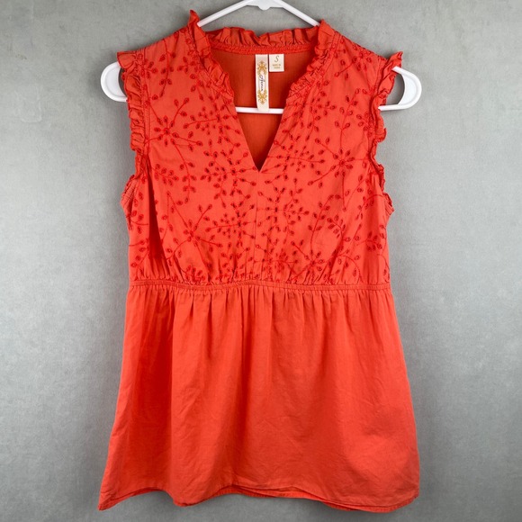 Adiva Tops - Adiva Orange Cotton Eyelet Ruffle Peplum Sleeveless Cottage Peasant Fairy Top S